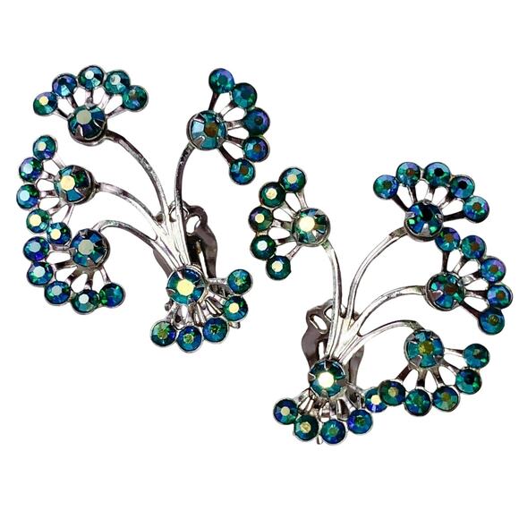 VTG Mid Century Peacock Blue AB Rhinestone Silver Tone Clip On Atomic Earrings - Picture 1 of 10